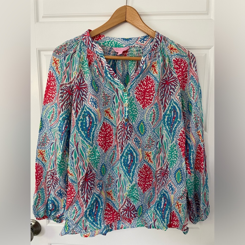 Lilly Pulitzer, S Loose Long Sleeve Summer Willa, Breathable Beach Coral, Silk